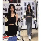 【CHING'S實拍】現貨 厚實針織條紋套裝 小背心+長裙/外套 2色 女裝 長袖 長裙 背心 短版毛衣 黑白 合身套裝