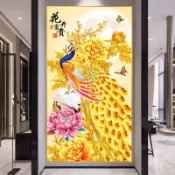 5D新款簡約豎版玄關花開富貴孔雀十字繡滿鑽全貼手工點鑽鑽石畫 鑽石貼畫 鑽石貼畫大幅 貼鑽畫 數字畫 貼鑽畫DIY