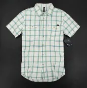 美國百分百【全新真品】RVCA 休閒渡假風 男生 率性 格紋 短袖 開扣 襯衫 米白色 S號 免運