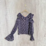 *♡*藍紫色/小碎花.挖肩荷葉領雪紡薄紗上衣/適大M/近新/二手衣《Anna的百寶箱》