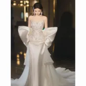 7465人循環選購🩷 婚紗 緞面魚尾白紗 法式輕婚紗 新娘出門紗 敬酒禮服 訂婚宴客 復古婚紗