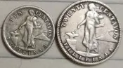 外國銀幣，保真包老美屬菲律賓1945年10.20分銀幣二枚，掛五-2984