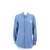 MOSCHINO 泰迪熊刺繡補丁藍色棉質長袖牛仔襯衫(男女可穿)