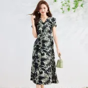 (店+)【UG 優物集】連身裙女出清品洋裝大尺碼連身顯瘦長裙渡假優雅小香風短袖女裝新款碎花短袖連衣裙女士媽媽顯瘦夏季洋氣雪紡中長裙A字裙雪紡上衣