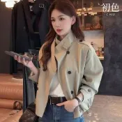 初色 英倫風翻領雙排釦短款長袖寬鬆舒適風衣外套女外套-共2色-50096(M-XL可選)