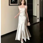 【雪梨·女装❤️】白色洋裝 緞面洋裝 吊帶長裙女 長款訂婚禮服裙 宴會洋裝 魚尾連身裙 畢業舞會洋裝 生日洋裝