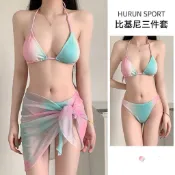 比基尼 三件套泳衣女 分體泳衣 女生泳衣 性感三角綁帶 bikini綁巾 泳裝女  海邊渡假 溫泉泳衣 泳衣女夏網紅粉藍