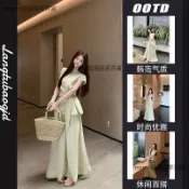 薄荷綠短袖洋裝 女夏季圓領收腰綁帶顯瘦長裙 度假旅遊拍照氣質連身裙 海邊出遊休閒仙女裙 小個子穿搭聚會約會 渡假裙推薦款