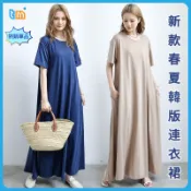 2025新款春夏韓版連衣裙  女款過膝連衣裙 大裙擺短袖長裙 寬鬆打底裙 大碼長款孕㛿裙 純棉文藝休閒連衣裙 