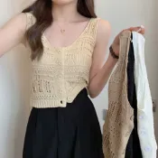 (店+)【D.studio】韓版百搭顯瘦鏤空洞洞針織背心上衣 小可愛 女裝 背心女 衣服 短版上衣 短板上衣 V264