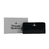【Vivienne Westwood】鑲鑽土星漆皮面拉鍊長夾-黑