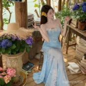 【拚接蕾絲連衣裙女 吊帶洋裝女】春日芭蕾度假風超僊蕾絲拚接吊帶裙網紗暈染花卉魚尾裙子絶美素慾顯瘦 遮肉  0830 ZP