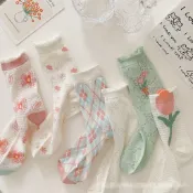 KAFU 日系可愛立體花朵鬱金香襪子女中筒襪ins潮夏季薄款網眼透氣襪
