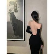 【台灣出貨】  赫本風氣質露背性感洋裝 小禮服 生日洋裝 一字領洋裝 法式洋裝 黑色洋裝 長裙 包臀裙 長袖洋裝 打底裙