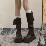 💖限時購💖真皮長靴 女2024秋冬新款 兩穿翻折不過膝高筒馬丁靴 英倫顯瘦機車靴 日係韓版風格 時尚潮流靴子 9R6Z