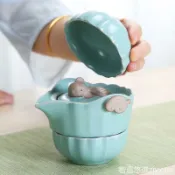 招財貓商鋪 【免運 秒發】天青汝窯旅行茶具套裝 便攜包式茶壺旅遊茶杯 小茶罐快客杯一壺兩杯 泡茶組 茶具組 單人茶具