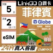 LINKGO白鑽卡 菲律賓 eSIM卡 Globe電信 5天上網卡 每日2GB 高速流量(菲律賓網卡 宿霧 巴拉望 馬尼拉)