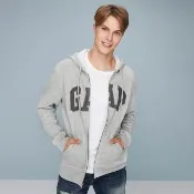 【GAP】男裝 Logo刷毛連帽外套-淺灰色(851516)