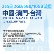 小婷電腦旗艦店 365日2GB/5GB/10GB流量 中國大陸、澳門、台灣上網卡 大中華地區(不含香港) 中華電信訊號 4G/5G設備可用 支援熱點分享