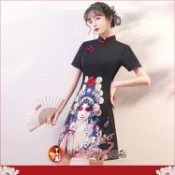 復古中國風潮流印花短旗袍 經典改良式時尚修身超顯瘦性感前開衩A擺短袖連身洋裝-京劇(黑色)-水水女人國