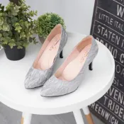(店+)【DREAMS SHOP】氣墊_MIT內真皮名媛風尖頭高跟婚鞋 深銀 大尺碼女鞋37-44