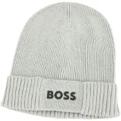 BOSS 矽膠字母羊毛混紡羅紋反摺針織帽(灰色)