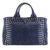 【DOKODEMO】Prada Canapa Tote M 手提包，飾有珠寶圖案，牛仔布，藍色，敞口，A4 尺寸，女士 [二手]
