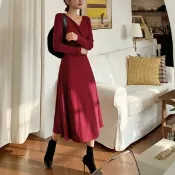 Anna S ANNAS 正韓V領洋裝交叉綁腰長裙長洋裝長袖連身裙 顯瘦性感棉質過年新年尾牙春酒紅色韓國