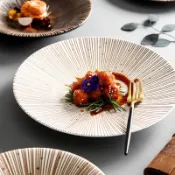 碗盤 盤子 漂亮的碗 餐具碗 飯碗 大碗 湯碗陶瓷餐具日式家用復古圓形菜盤條紋大盤意麪盤高檔餐廳牛排西餐盤