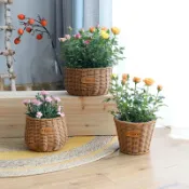 宜百家 含運 落地花盆花器 編織花盆仿藤花籃手工圓形手提籃插花籃綠蘿陽臺戶外籃子裝飾花器