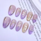 💓美人手工甲💓跨境純燙金紫色美甲甲片高級感網紅款秋冬新款短杏仁純手工穿戴甲短款