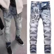 潮牌高街破洞牛仔褲男 緊身刺繡窄管褲 夏季時尚百搭個性休閒長褲子 牛仔褲