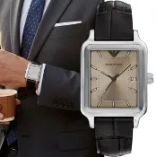 【EMPORIO ARMANI】亞曼尼  復古香檳金 方形腕錶 男錶 手錶-AR11756