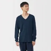 【MUJI 無印良品】男棉混羊毛保暖V領長袖T恤(黑色/暗藍/米灰色)
