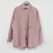 【DOKODEMO】TOMMY HILFIGER長袖扣襯衫，條紋圖案，刺繡標誌，紅色和白色，尺寸 16-33，古著。