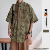 【K-2】日系復古 水墨花葉 滿版 花襯衫 口袋襯衫 短袖襯衫 穿搭 海邊 衝浪 古著 男女不拘【NC108】