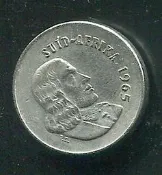 【錢幣】South Africa(南非)，5 CENT  , K67.2  , 1965 ,品相極美上XF+ #204866 