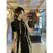 中式國風改良旗袍裙夏季漢服大碼復古高級印花旗袍拼接大擺連衣裙 改良式旗袍 新中式洋裝 連身裙 中國風長裙 旗袍洋裝 收腰
