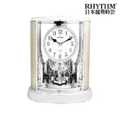 【RHYTHM 麗聲】官方直營  典雅水晶旋轉擺錘居家裝飾藝術座鐘(雅緻雪地銀)