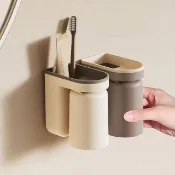 【KOTI 日安生活】奶茶色系免打孔無痕貼漱口杯牙刷架組(懸掛瀝水牙刷杯架置物架)