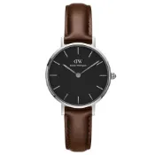 DW Daniel Wellington 典雅布里斯托深棕色皮帶石英腕錶-銀框/28mm(DW00100233)