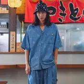 【EDWIN】江戶勝 男裝 雷射印花短袖襯衫(拔淺藍)