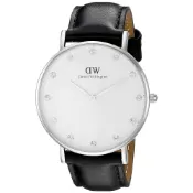 (店+)【Daniel Wellington】施華洛世奇水晶黑色皮革腕錶-銀框/34mm(0961DW)~贈精美手環+項鍊