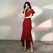 48h出貨丶魚尾敬酒服新娘2024新款夏季平時可穿V領酒紅色結婚訂婚回門禮服