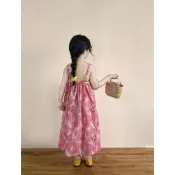【台灣出貨】女童甜美洋裝 2026女童 夏季粉紅滿印卡通小貓 寬鬆吊帶長裙 露背度假背心連身裙