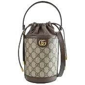 【GUCCI 古馳】Ophidia 經典雙G LOGO緹花迷你手提包水桶包兩用包(駝)