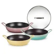 【Le Creuset】BBQ鑄鐵煎鍋26cm 錦葵紫/薄荷綠/含羞草黃 3色選1(贈 玻璃鍋蓋 26cm)