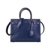 【YSL】YSL SAINT LAURENT SAC DE JOUR燙金LOGO牛皮開口式手風琴手提斜背包(炭藍)