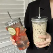 【桃園出貨】高顏值玻璃吸管杯玻璃杯大容量奶茶杯梅森杯美式自制冷飲杯水杯