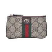 GUCCI 經典Ophidia系列GG Supreme帆布牛皮滾邊綠紅綠織帶拉鍊鑰匙包 /零錢包(烏木色)